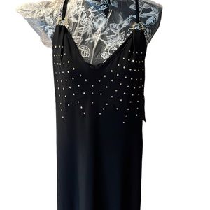 Amanda Charles size XL black maxi dress gold studded details strappy back NWT